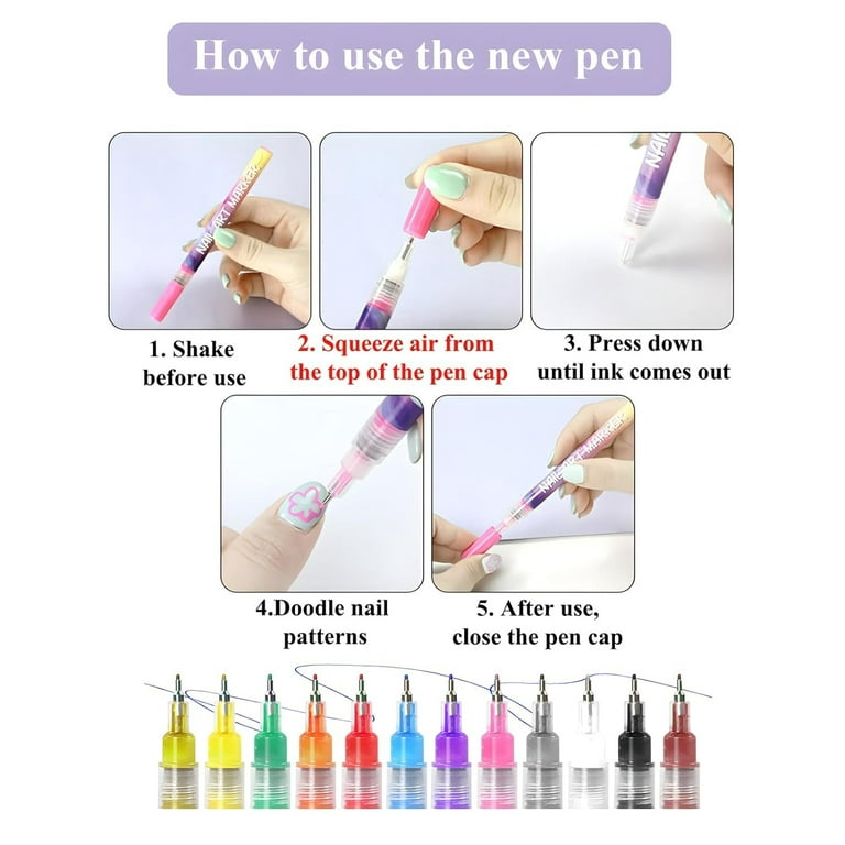 12 Colors Nail Art Pens Set, 3D Nail Art Markers Doodle Pen for Adults, Nail Art Tools for Polishing Dotting Painting Liner DIY 10ml
