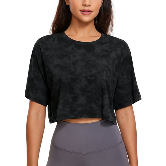 CRZ YOGA Pima Cotton Loose Crop T-Shirts for Women Workout Yoga Casual Athletic Short Sleeve Shirts Tops