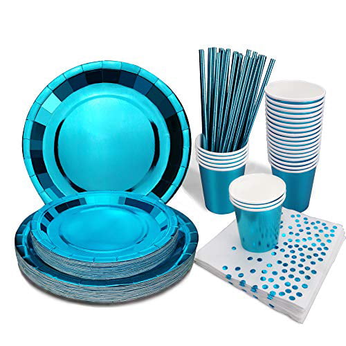 7 Inch Plates Wedding Graduation 20 Cups and 20 Napkins 80pcs Blue with Gold Foil Dots Disposable Paper Party Set Including 9 Inch Paper Plates Used for Birthday Party Blue Party Tableware Kit