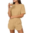 thumbnail image 3 of Women Pajama Set Solid Hollow Breathable Split Hem Short Sleeve Top with Casual Shorts Outfit, 3 of 5