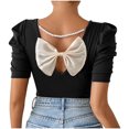 thumbnail image 1 of Plebaso Hauts Mignons pour Femmes Dos Noué T-Shirts Slim Manches Courtes Bouffantes Col Rond Décontracté Tee Tendance, 1 of 7