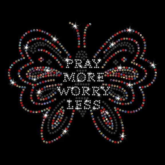 Pray More Worry Less Butterfly Iron-on Clear Rhinestone and Rhinestud Transfer by JCS Rhinestones