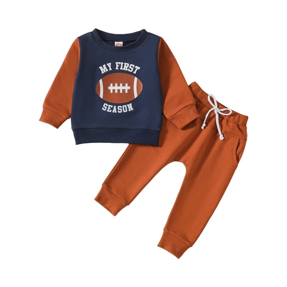 Xudanell Baby Golf Outfit Football Crewneck Shirts Color Blocking Sets Toddler Boy Winter Clothes Flare Pants Outfit Athletic Brown 0-3 Months