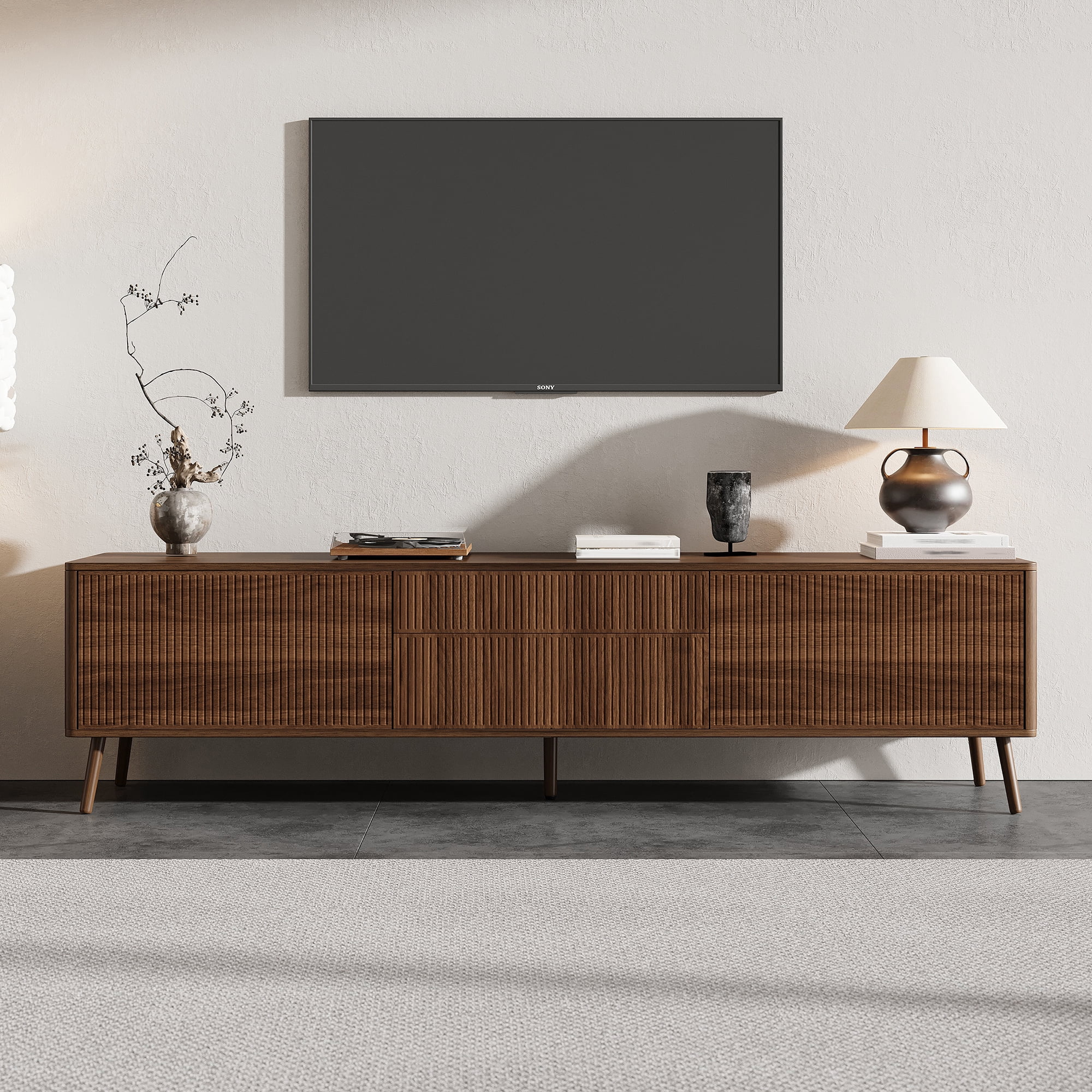TV Stand for TVs up to 80 Inch, Entertainment Center with Fluted Doors & 2 Drawers, Media Console with Solid Wood Legs for Living Room