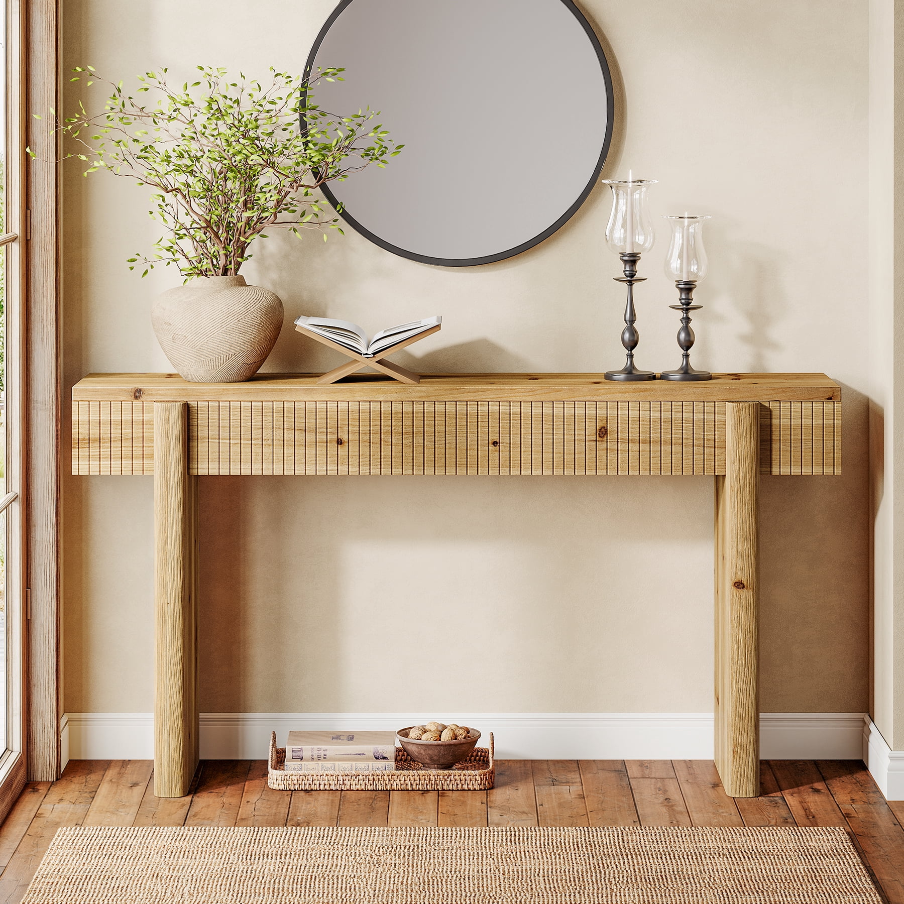 Finmind 55-inch Solid Wood Console Table, Farmhouse Entryway Table, Rectangular Sofa Console with Fluted Top, for Living Room, Hallway, Natural Brown