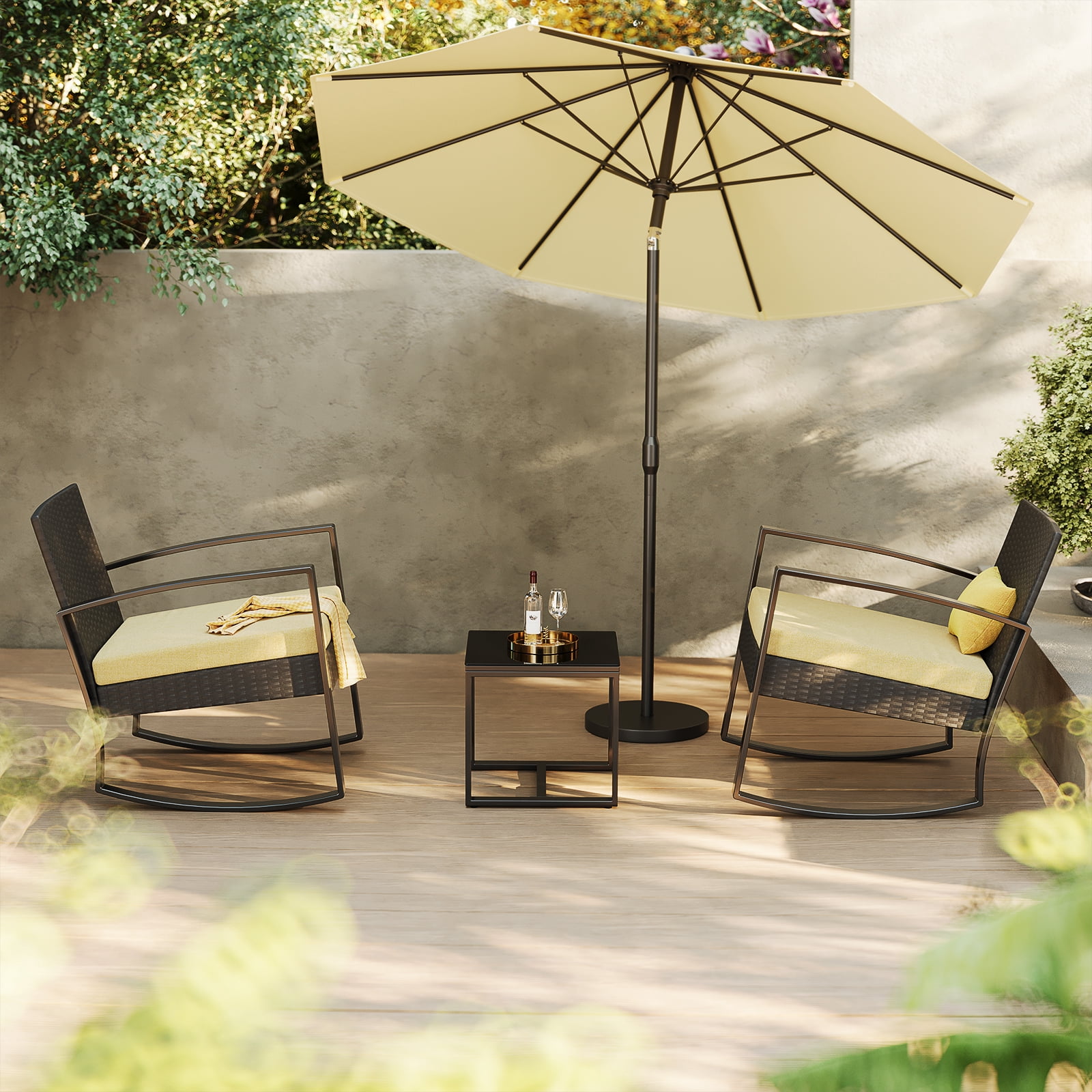 Lofka 3-Piece Outdoor Rocking Chairs, Patio Furniture Set with Thickened Cushions and Coffee Table for Garden, Balcony,  Camping, Beige
