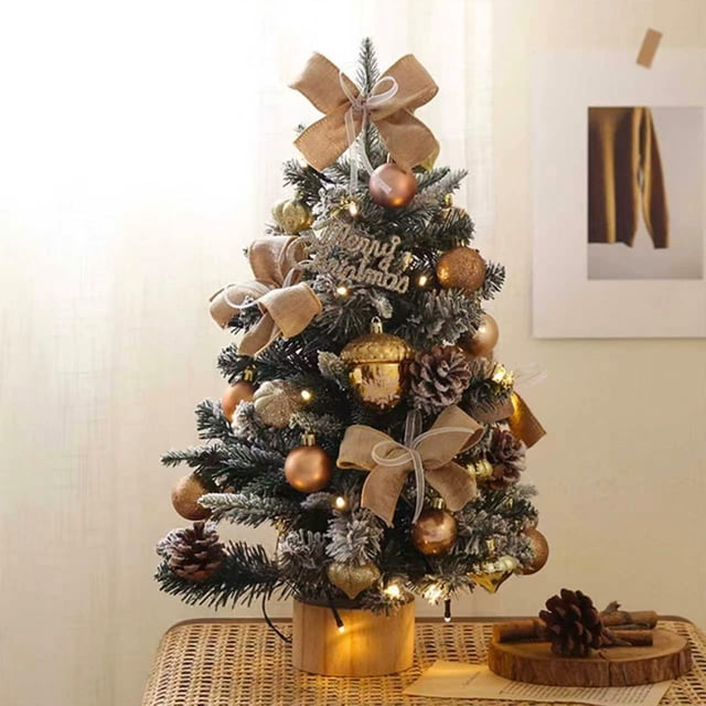 Mini árbol de Navidad con luces DIY | Adorno navideño de mesa predecorado de 45 cm | Decoración navideña de PVC para escritorio, estantería o ventana | Incluye guirnalda de luces y base de madera