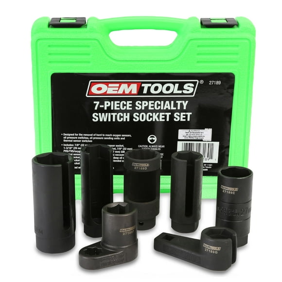 OEMTOOLS 27189 Ensemble de Douilles de Commutateur Spécialisé SetOEMTOOLS 27189 Ensemble de Douilles de Commutateur Spécialisé 7 Pcs, Kit d'Enlève-Capteur d'Unité d'Envoi d'Huile/O2, Disque 3/8 et 1/2, Livré dans un Étui de Transport Robuste, 7 Pcs