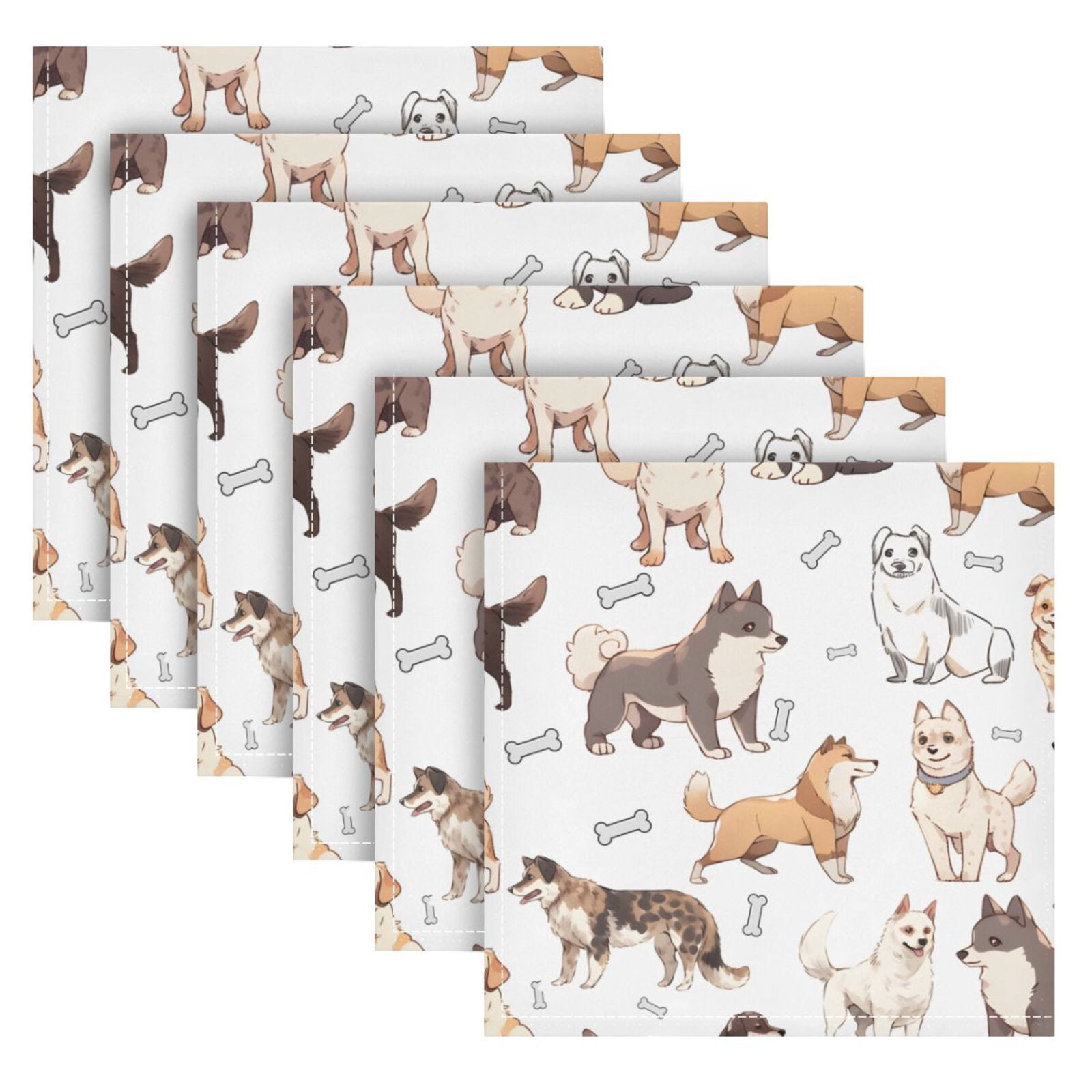 JSTEL Doodle Dog Print Cute Puppies Cloth Napkins Set of 6, 20x20 Inch Washable and Reusable Napkin for Decoupage Dinner Party Everyday Use