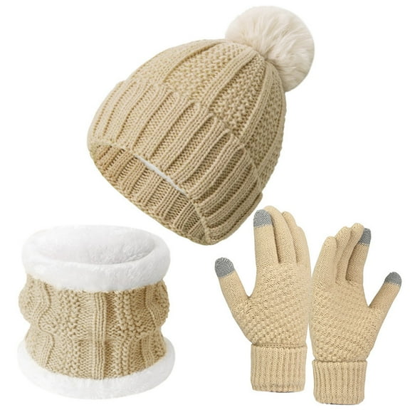 Hontri Hat Gloves Scarf Set Women Women's Winter Warm Gloves Hat And Neck Set with Thick Velvet for Cold And Cycling Young Women Gift Ideas Beige