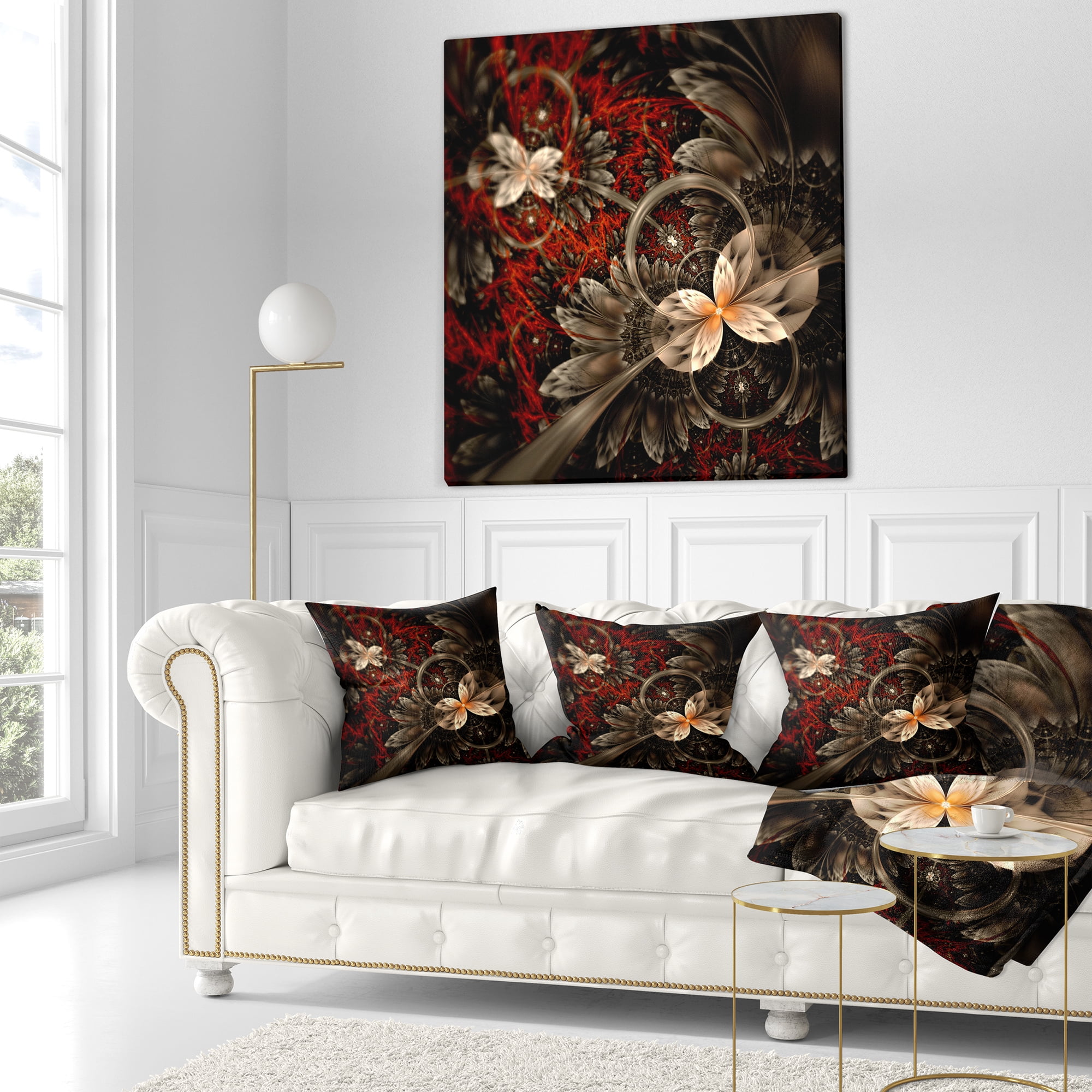 Designart Red and Orange Fractal Flower Pattern - Floral Throw Pillow - 16x16