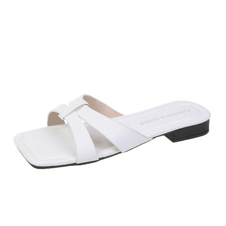 

Mortilo Womens Shoes Summer Slippers Soft Sole Flat Fashion Casual Square Toe Outer Beach Sandals PU slipper for Women White
