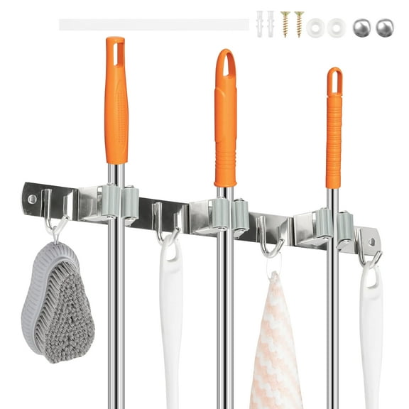 Jokapy Mop and Broom Holder Hanger Wall Mounted, 3 Position 4 Hooks Tool Organizer, Gray, 1 Pack