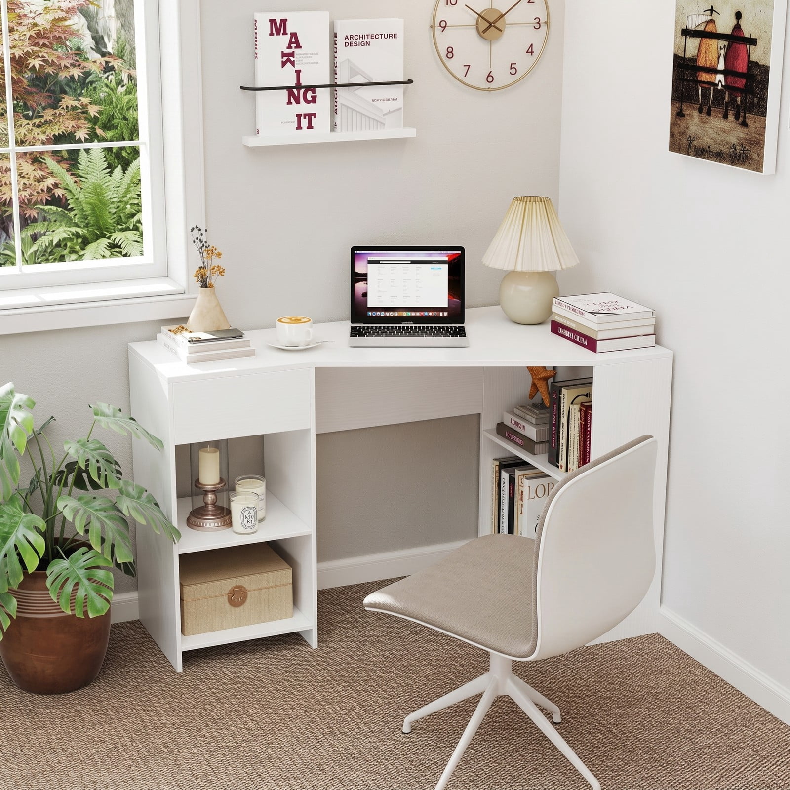Furnibear 48 Inch L Shaped Corner Computer Desk with Drawer and Shelves, Executive Home Office Writing Gaming Workstation Table, Engineered Wood Study Desk, White