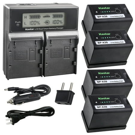 Kastar 4-Pack BP-A30 Battery and AC LCD Dual Fast Charger Compatible with Canon EOS C300 Mark III Digital Cinema Camera C500 EF mount 4K Cinema Camera EOS C500 PL 4K Cinema PL C 500 Camcorder