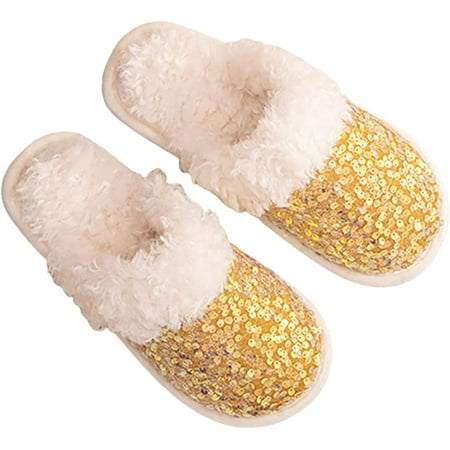 

PIKADINGNIS Women Sequin Slippers Cozy Fluffy Fur Memory House Slides Winter Anti-Slip Indoor Outdoor Shoes