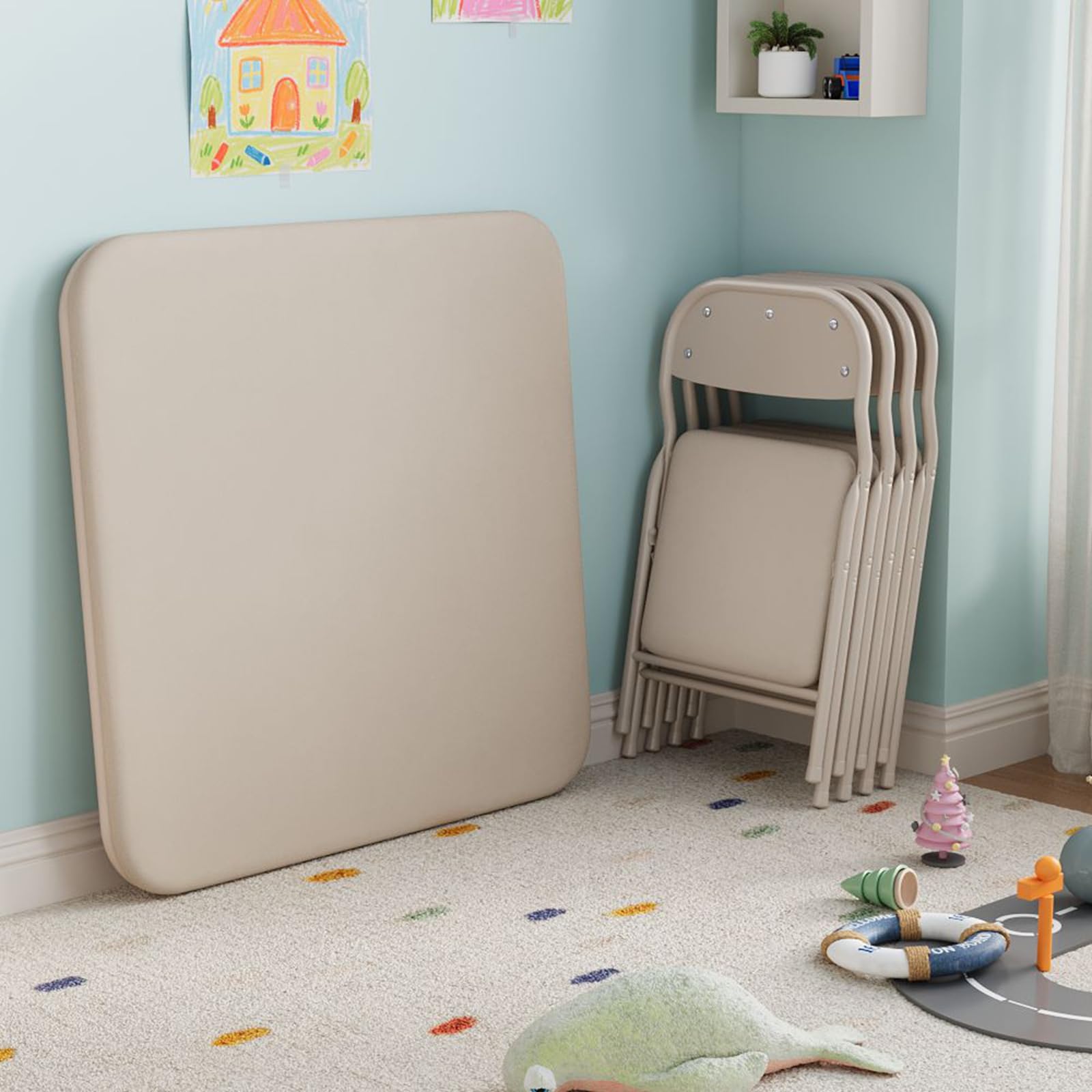 Kids Folding Table and Chairs Set for Daycare and Classrooms, Children's Activity Table and Chairs Set, 3-Piece/5-Piece