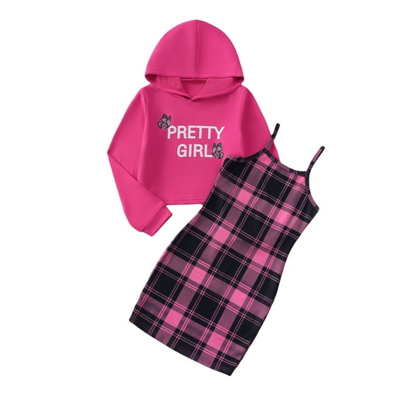 Kucnuzki 13 Years Big Girls Outfit Set 14 Years Youth Teen Kid Child Winter Clothes Sets Long Sleeves Letter Pullover Hoodie Sweatshirt Hooded Slim Plaid Dress Skirt Sets 2PCS Warm Clothing Pink