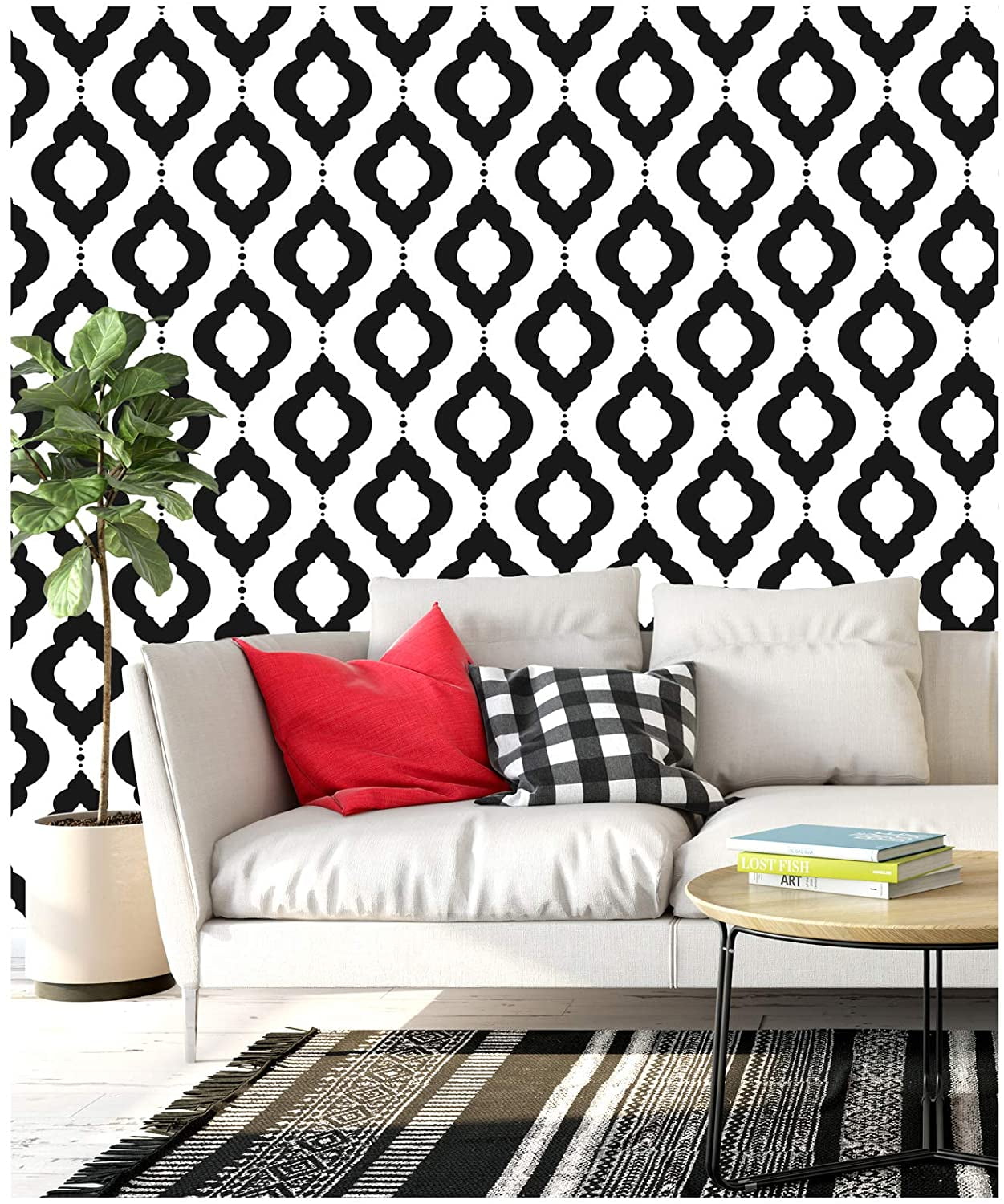 Peel and Stick Wallpaper Removable Black/White Trellis Mural Home Wall Decor 17.7in x 9.8ft