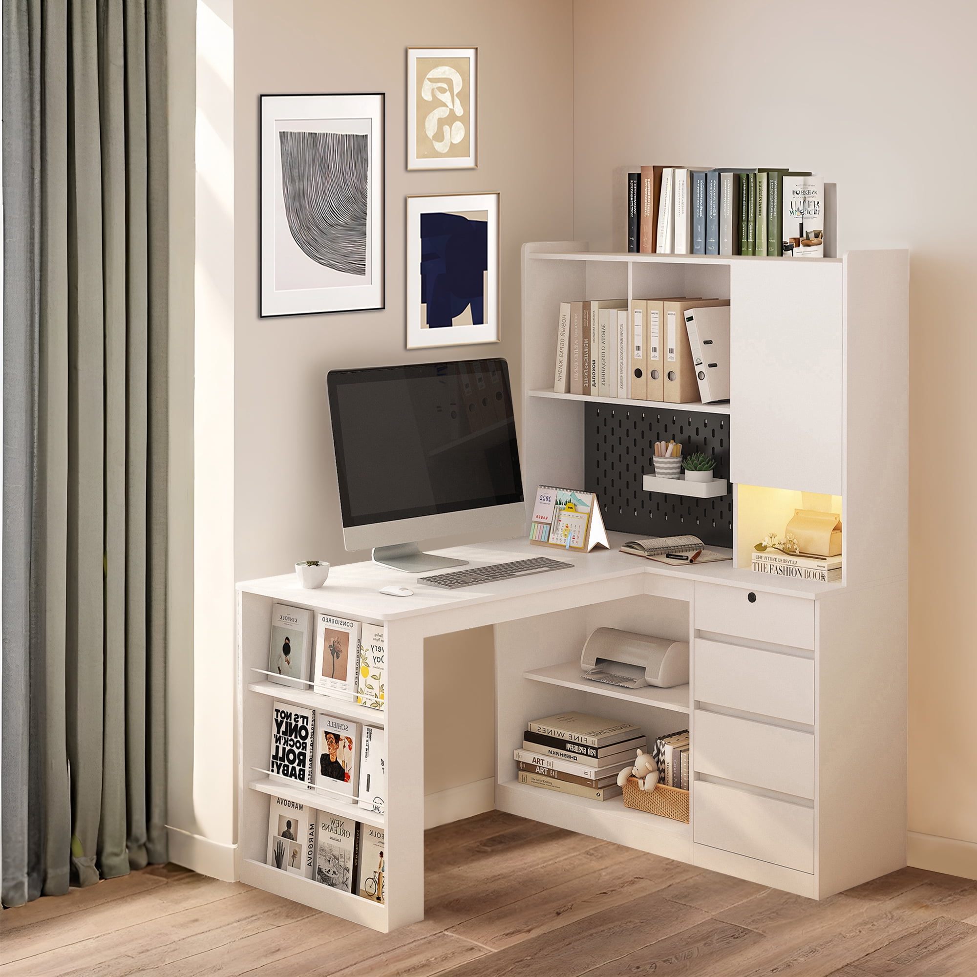 MDQMD L Shaped Computer Desk with 4 Drawers,White Home Office Desk with Power Outlet and Bookshelves,Corner Gaming Desk with Hutch