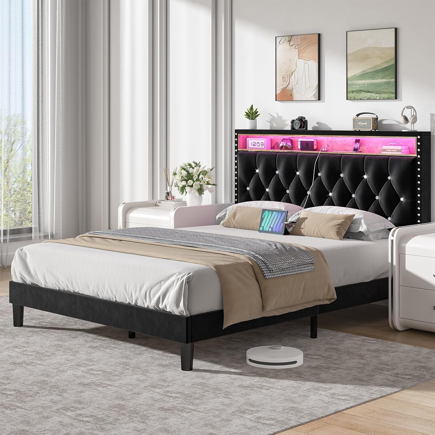 4 EVER WINNER Full Size Bed Frame with Storage Headboard, Velvet Upholstered Bed Frame with LED Light, Black Full Bed Frame with Charge Station, Black