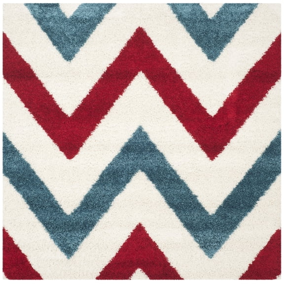 SAFAVIEH Rachel Geometric Chevron Kids Shag Area Rug, Ivory/Red, 6'7" x 6'7" Square
