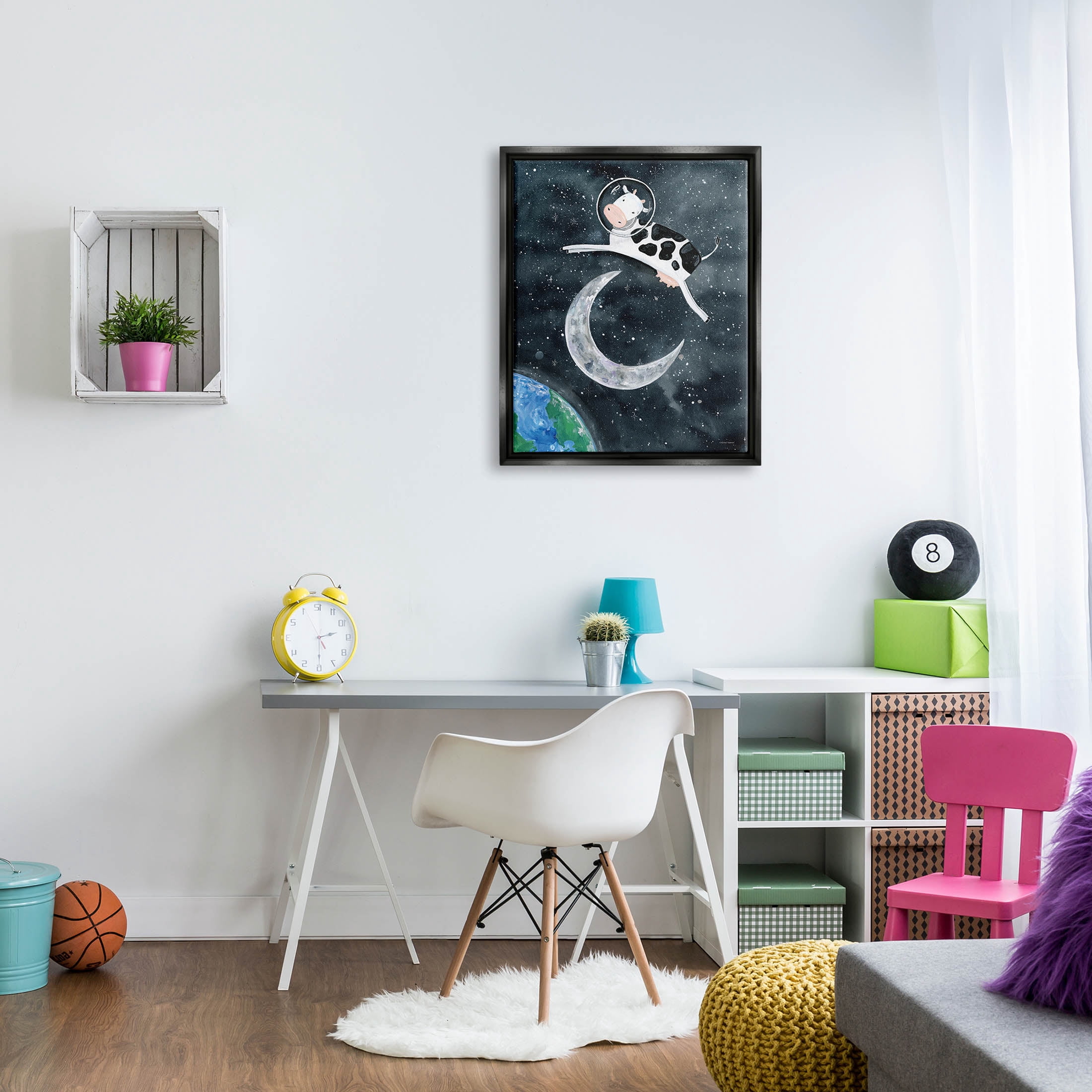 Cow Astronaut Jumping Over Moon Animals & Insects Painting Jet Black Framed Art Print Wall Art