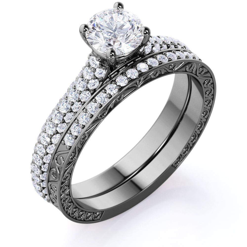 Details about   Black Diamond Floral Art Nouveau Engagement Ring White Gold Flower Wedding Ring 