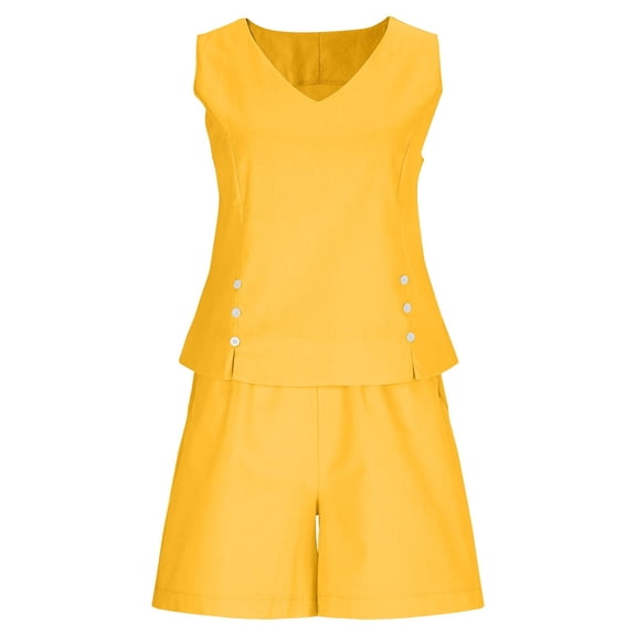 Moxiu Linen Short Sets for Women 2 Piece Summer Vacation Outfits Buttons Decor Sleeveless V Neck Tank Tops & Beach Shorts Lounge Set Yellow,S