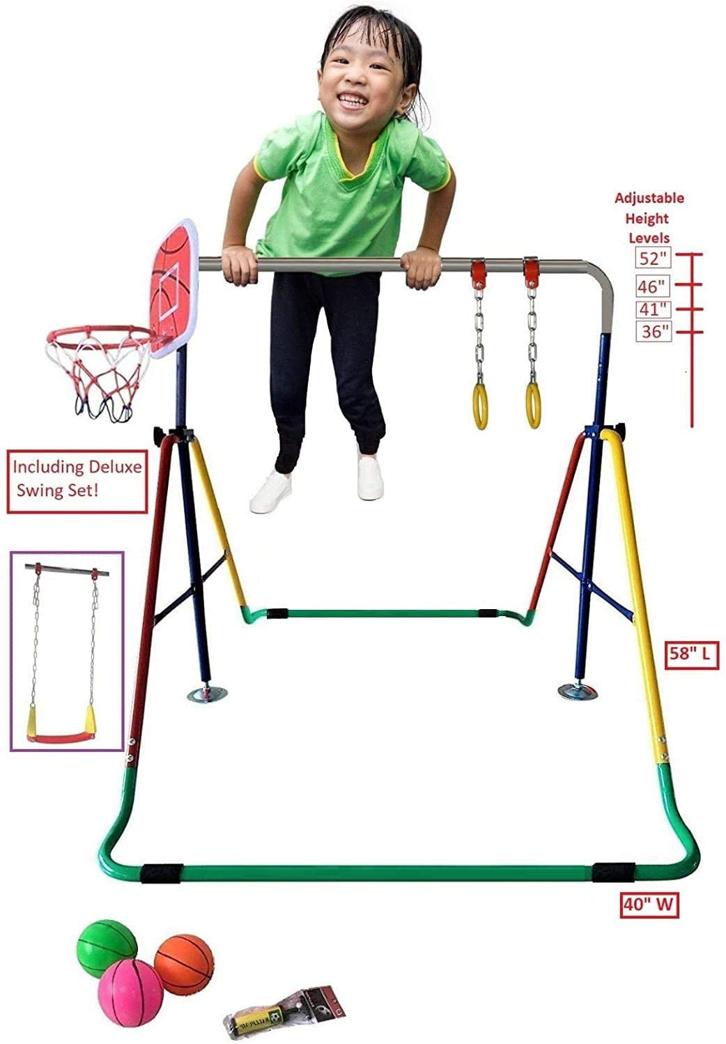 Trapeze Rings and Basketball Net Adjustable Foldable Kids Jungle Gym 4 in 1 Horizontal Bar w 2x6 FT Tumble Mat Monkey Bar Playground Horizontal Gymnastics Bar Deluxe Swing Set 