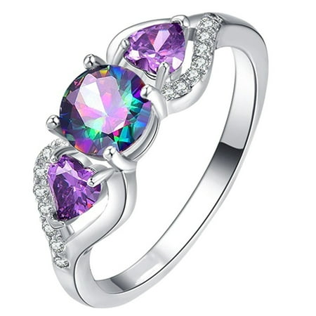 Love Ring With Stone AkoaDa Hot Pretty Women Valentines Day Gift Round andamp; Love Heart Amethyst andamp; Rainbow Topaz Gemstone 925 Silver Ring Size 6 7 8 9 10 ()