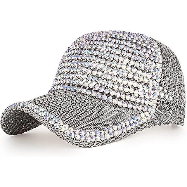 Mujeres Gorra de béisbol ajustable con cristales de estrás tachonados para hombre, gorra deportiva informal brillante y brillante, gorra transpirable para el sol, color gris
