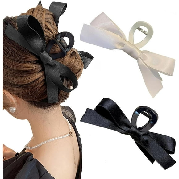 shiyou-2Pcs Big Bow Claw Hair Clip, Ribbon Bow Clips for Women Girls, Nonslip Bows Claw Clips for Women Girls, Bow-knot Hair Clips for Women Thick Hair & Thin Hair (Black&White)