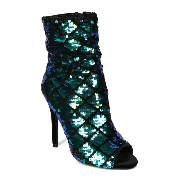 sequin open toe heels
