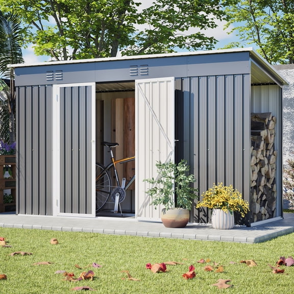 Thanaddo 10x4 FT Metal Outdoor Storage Shed with Firewood Shed, 2-in-1 Garden Tool & Wood Storage, Lockable Door, Sloped Roof, Floor Frame Included for Backyard Patio