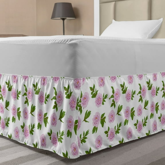 Peony Bed Skirt, Spring Season Inspired Pattern with Pink Peony Blossoms and Green Leaves, Elastic Bedskirt Dust Ruffle Wrap Around for Bedding Decor, 4 Sizes, Pale Pink Green White, by Ambesonne