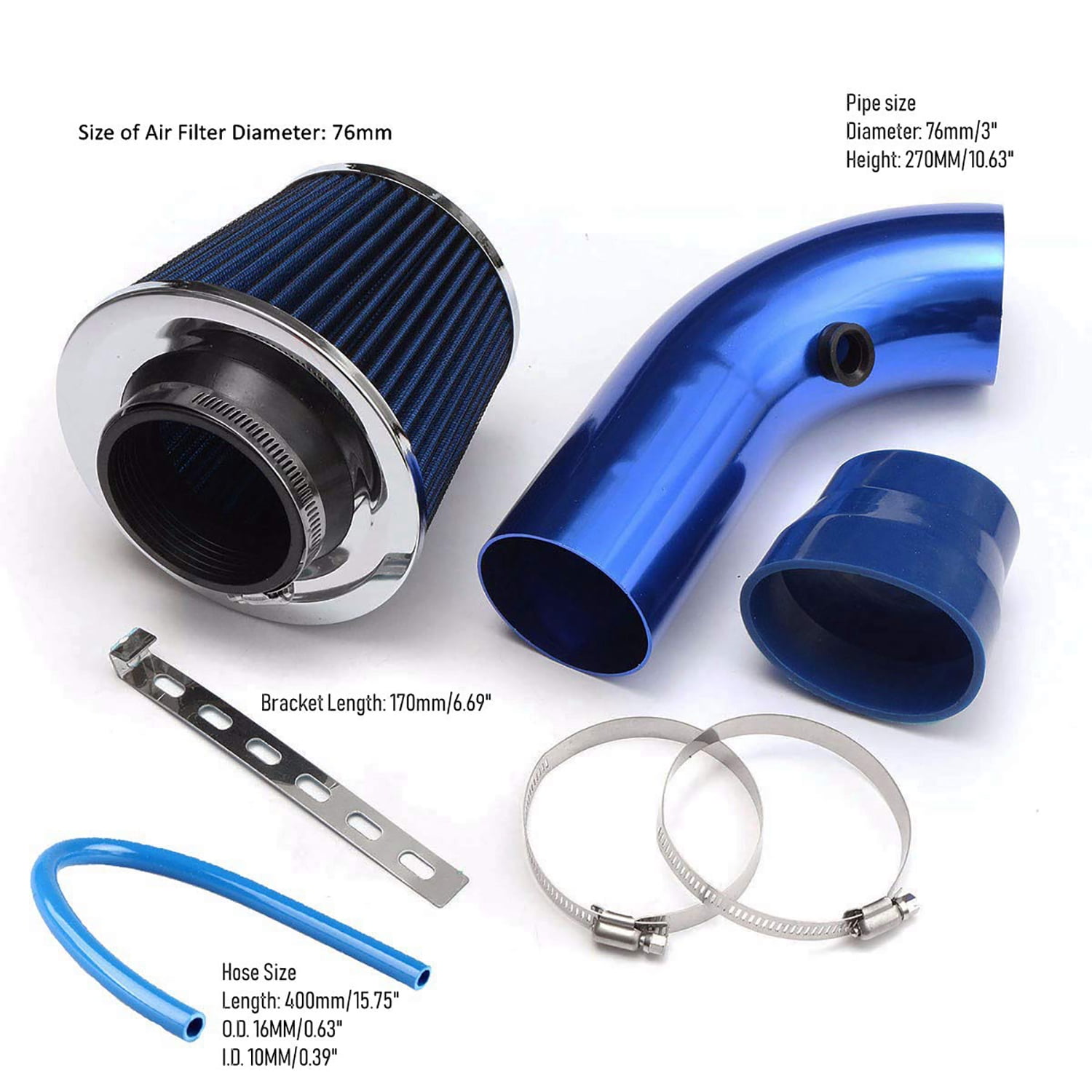 3 Inch Universal Cold Air Intake Kit - Aluminum Induction Flow Hose with Air Filter (Blue) - High Performance, Easy Installation, Fits Most Vehicles
