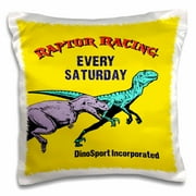 3dRose Funny Dinosaur Raptor Racing Design on Yellow Background, Pillow Case, 16 by 16-inch