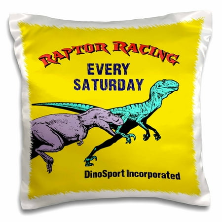3dRose, Funny Dinosaur Raptor Racing Design on Yellow Background, 16x16 inch Pillow Case