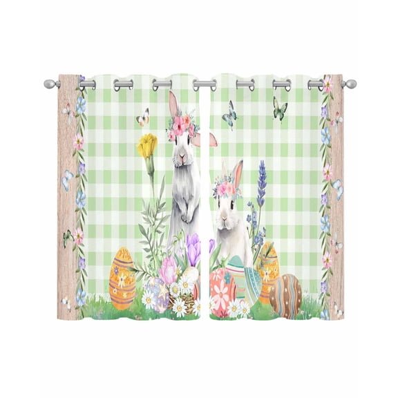 Easter Sheer Curtains 45 Inch Length 2 Panels Set for Living Room/Bedroom, Spring Rabbit Botanical Flowers Eggs Plaid Kitchen Curtains Grommet Semi-Sheer Curtains Drapes Window Treatments 42"x45"x2