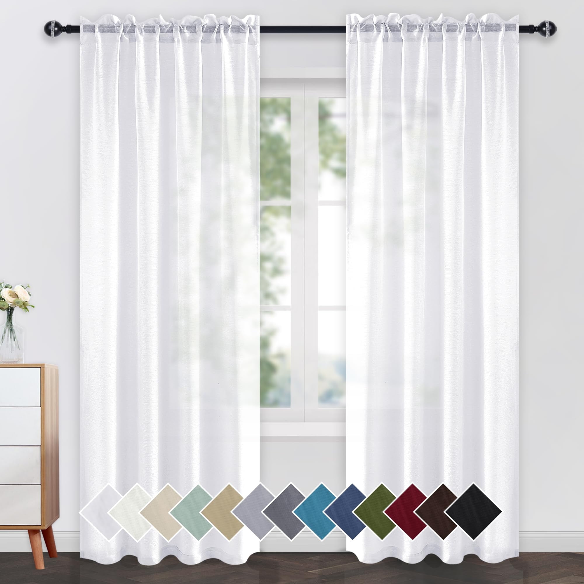 JIUZHEN White Sheer Curtains 84 Inches Long, Rod Pocket & Back Tab Light Filtering Semi Transparent Voile Window Curtains for Living Room/Bedroom, Set of 2 Panels with Tiebacks, 52W x 84L