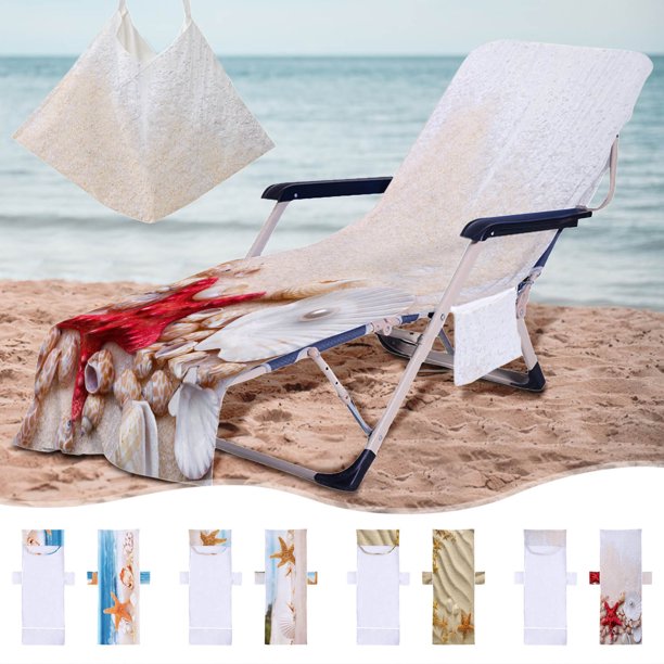 Funda para silla de playa | Toalla lounge de microfibra con bolsillos laterales y bolsa de almacenamiento | Funda de sillón reclinable suave y absorbente antideslizante con bandas elásticas | Se