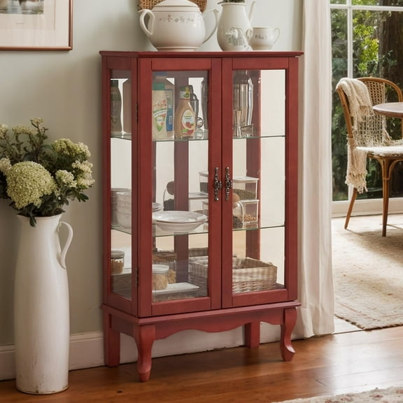 Lighted Curio Cabinet, 44" H Glass Display Cabinet with 3-Tier Adjustable Glass Shelves, China Cabinet with Mirrored Back Panel for Living Room, Light Blub Included(Oak)