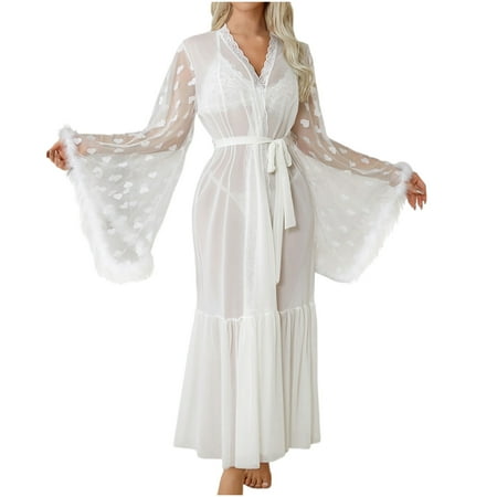 Lingerie Robe Lingerie for Women Long Lace Kimonos Robe Mesh Patchwork Lace Gown Cover up Homewear Bathrobe for Women Lightweight S-101