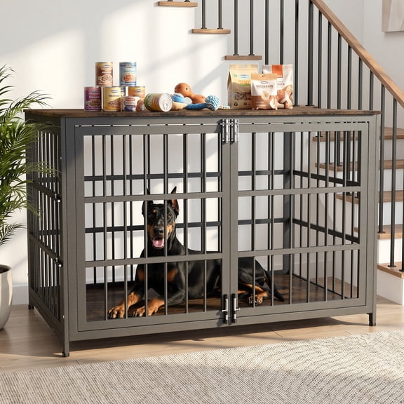 YOKWOK 48 Inch Heavy Duty Dog Crate Furniture, XL Large Dog Kennel with 6 Locks & & Double Door, Escape-Proof Indoor Dog Cage for Large Dogs, Chew Resistant Metal Dog House, Brown
