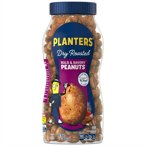PLANTERS Dry Roasted Bold and Savory Peanuts, Party Snacks, Plant-Based Protein, 16 oz Jar