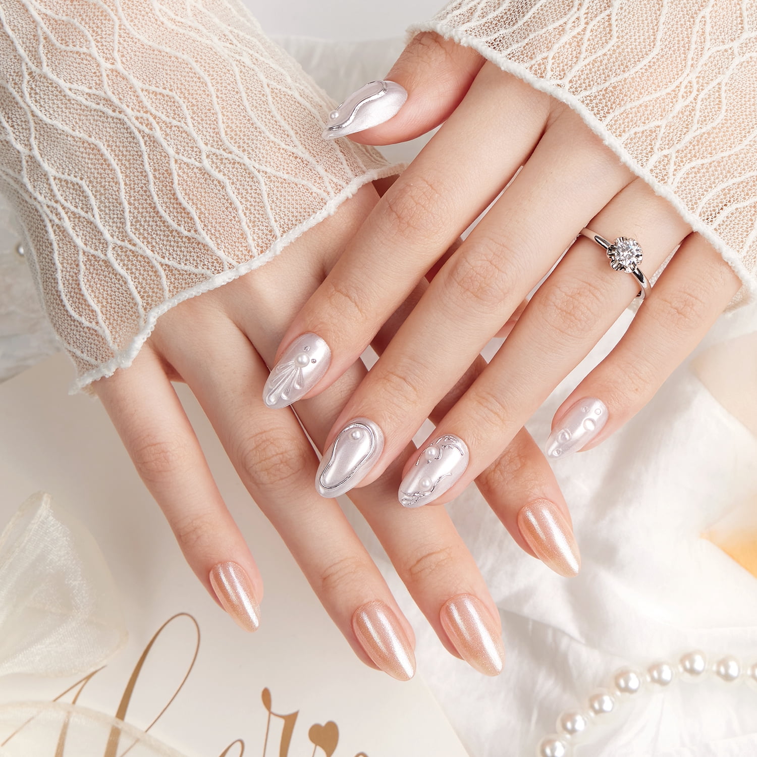 VSALON Press-On Nails Short Almond - 42 PCS Pearl White 3D Metallic Fake Nails for Women, 32 Main Nails in 16 Sizes &10 Champagne Alternative Nails - Reusable Glue on Nails Set with Tool Kit