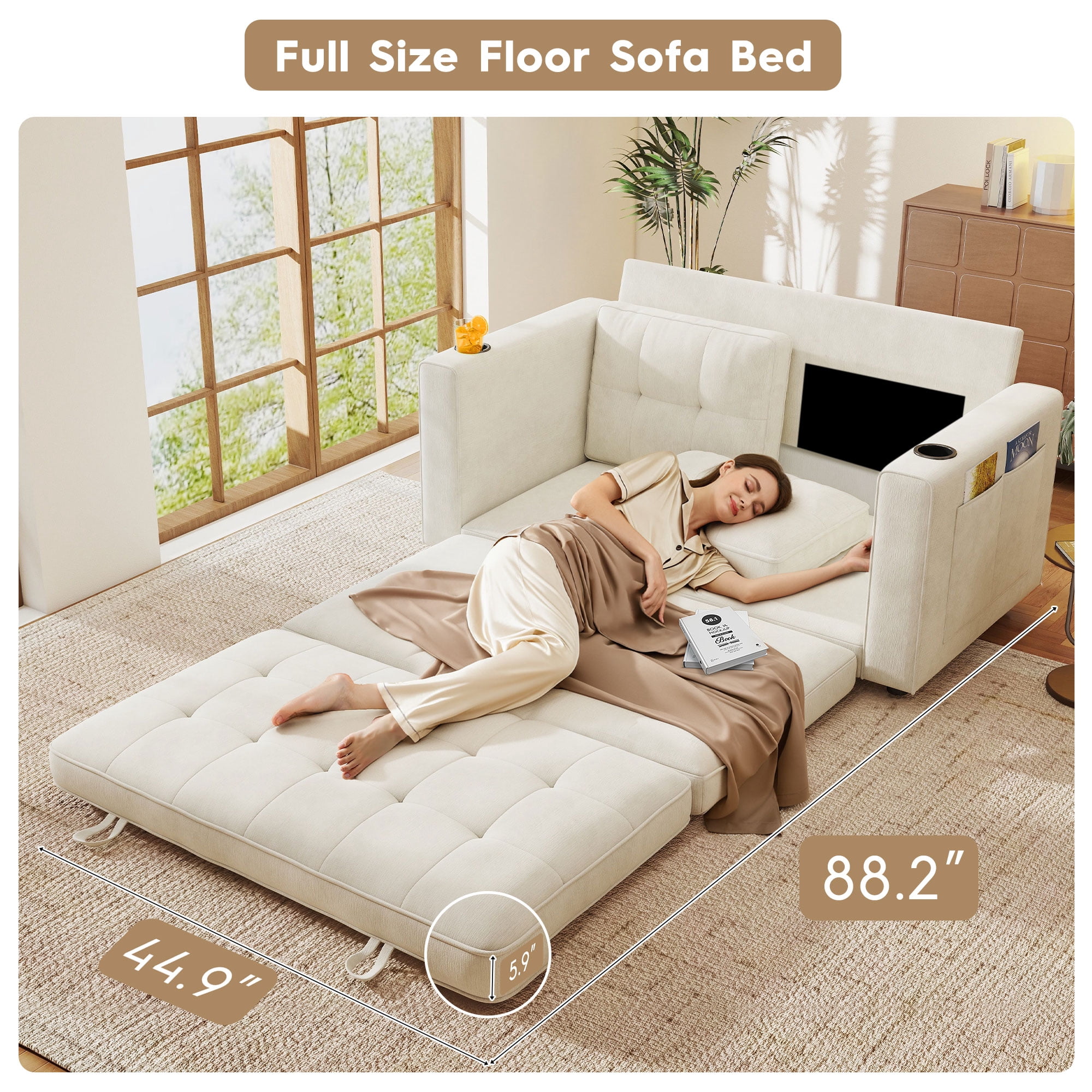 BedLuxury 55" Foldable Loveseat Futon Sofa Bed with Cup Holder & Storage Pocket, 3-in-1 Sleeper Couch, Space Saving, Chenille Beige