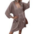 thumbnail image 4 of Femmes Poches Boutons V Cou Manches Longues Mini-Robe Plissée Unis, 4 of 6