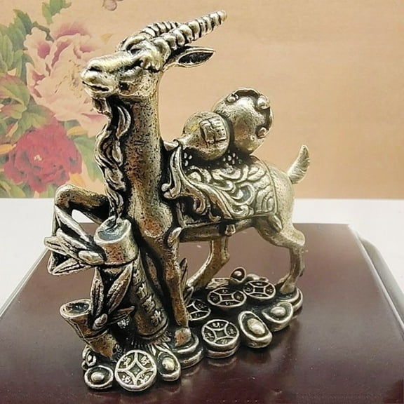 Solid Brass Zodiac Goat Figurine with Lucky Gourd Feng Shui Desk Ornament Home Office Decoration Symbol Animal Sculpture